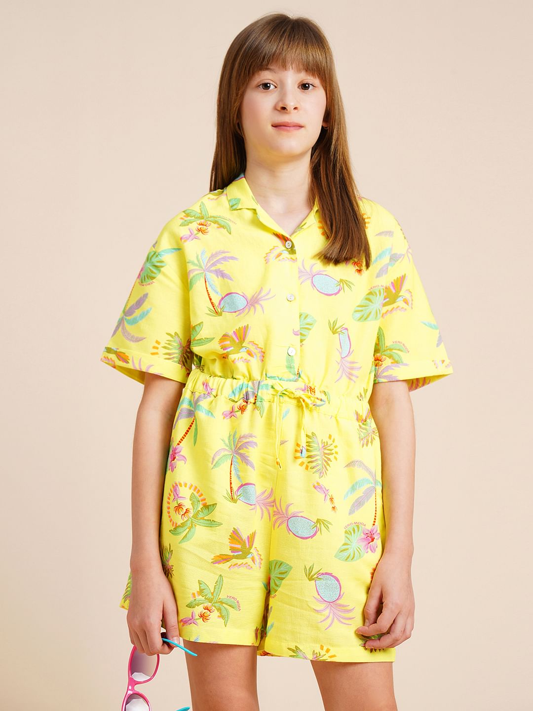 Girls Yellow Tropical Print Playsuit