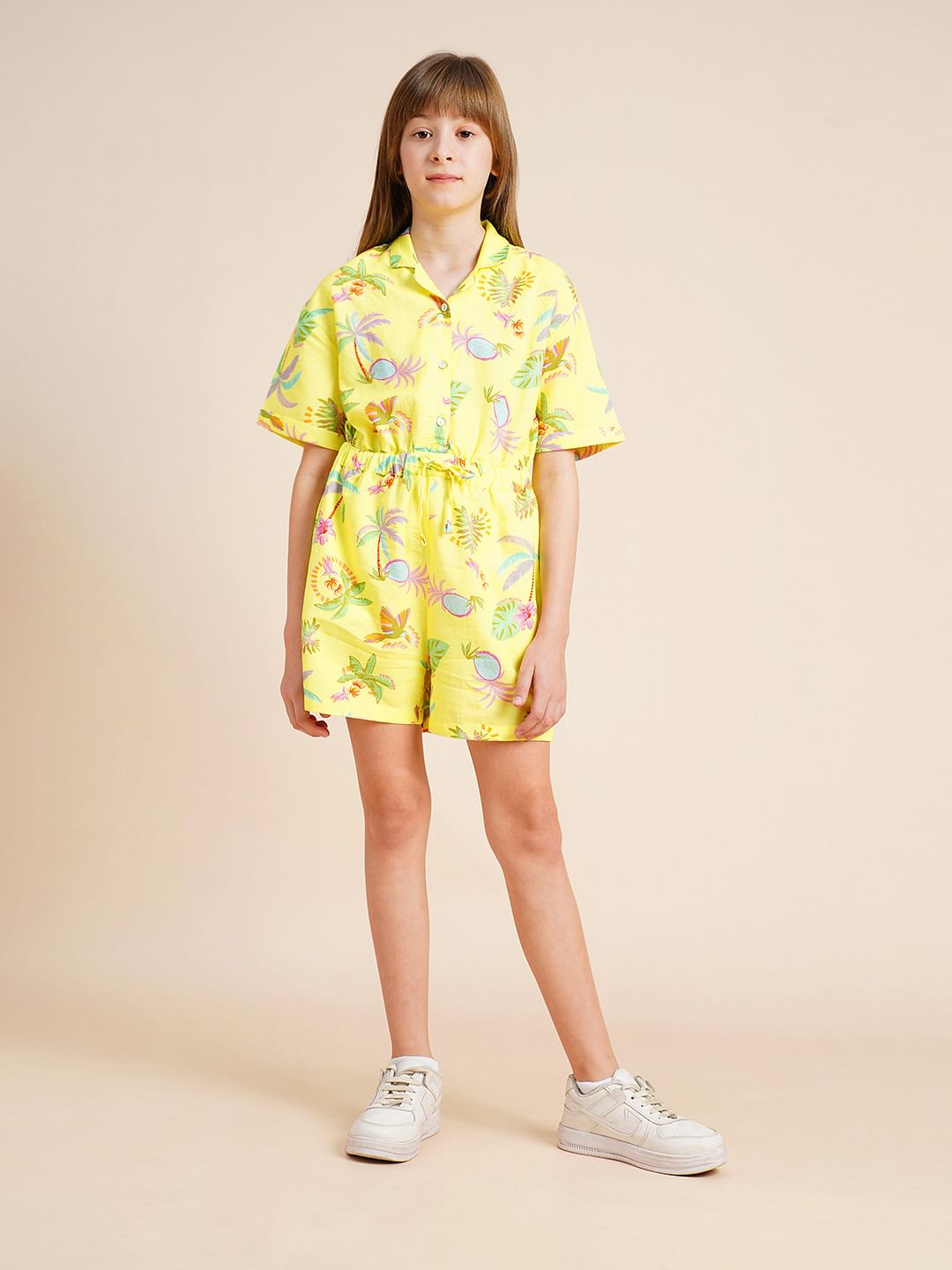 Girls Yellow Tropical Print Playsuit