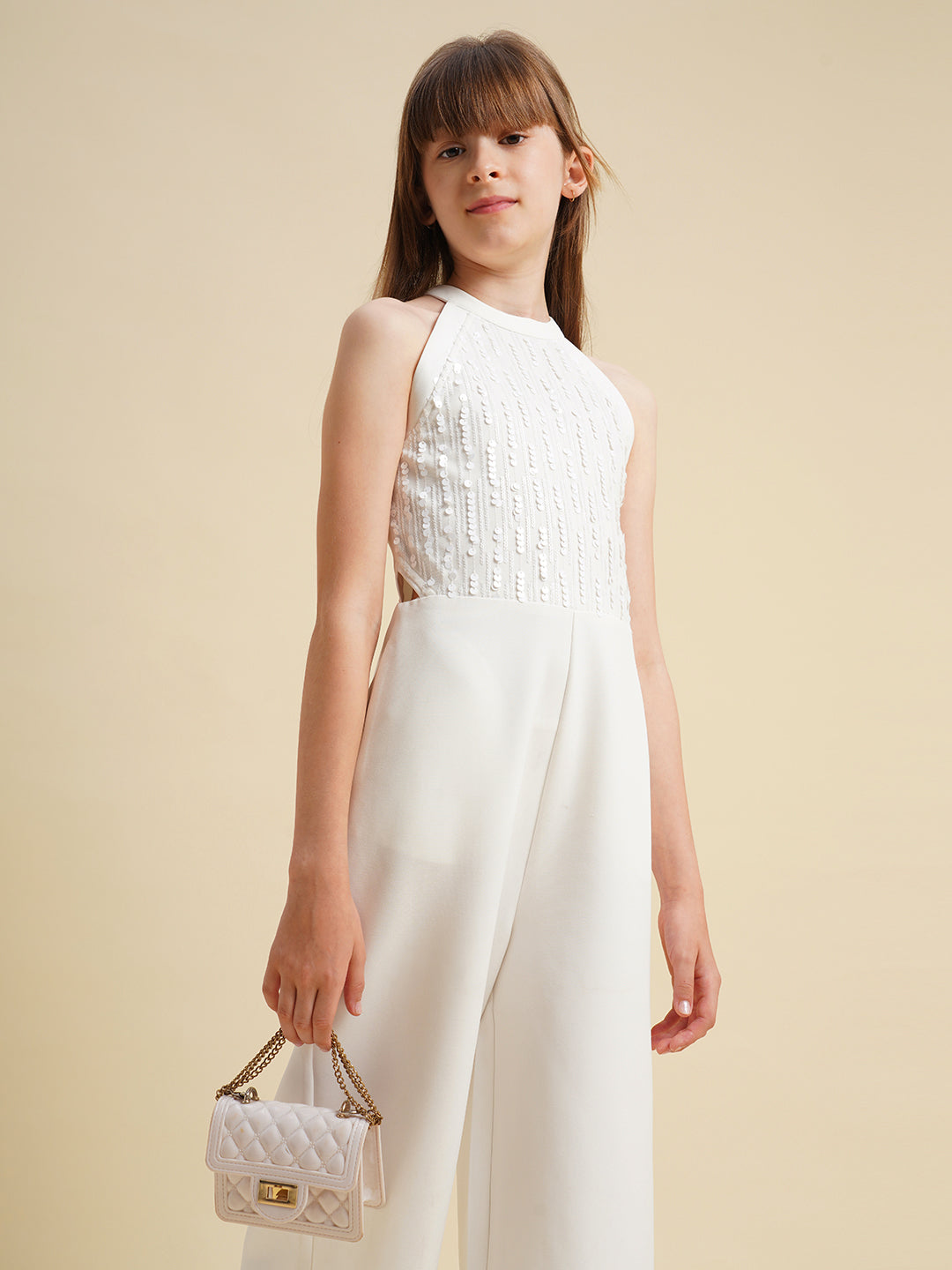 Girls White Embellished Jumpsuit