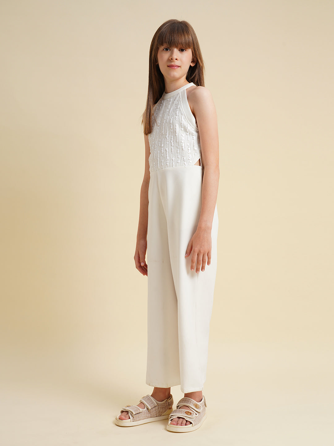 Girls White Embellished Jumpsuit