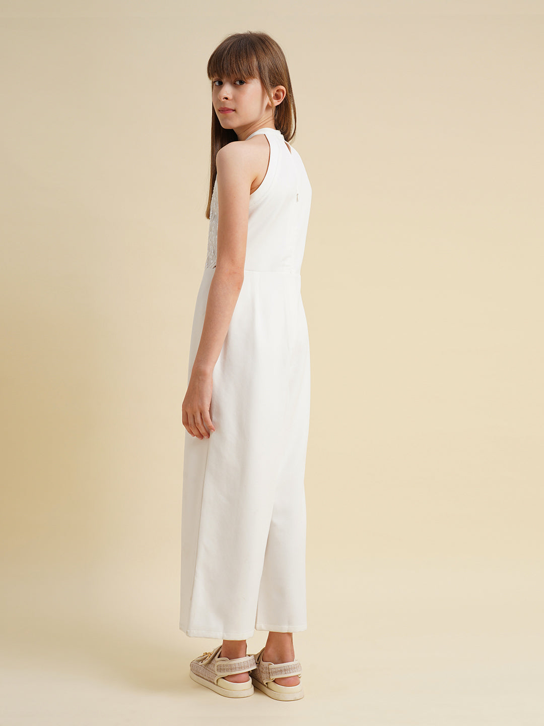 Girls White Embellished Jumpsuit