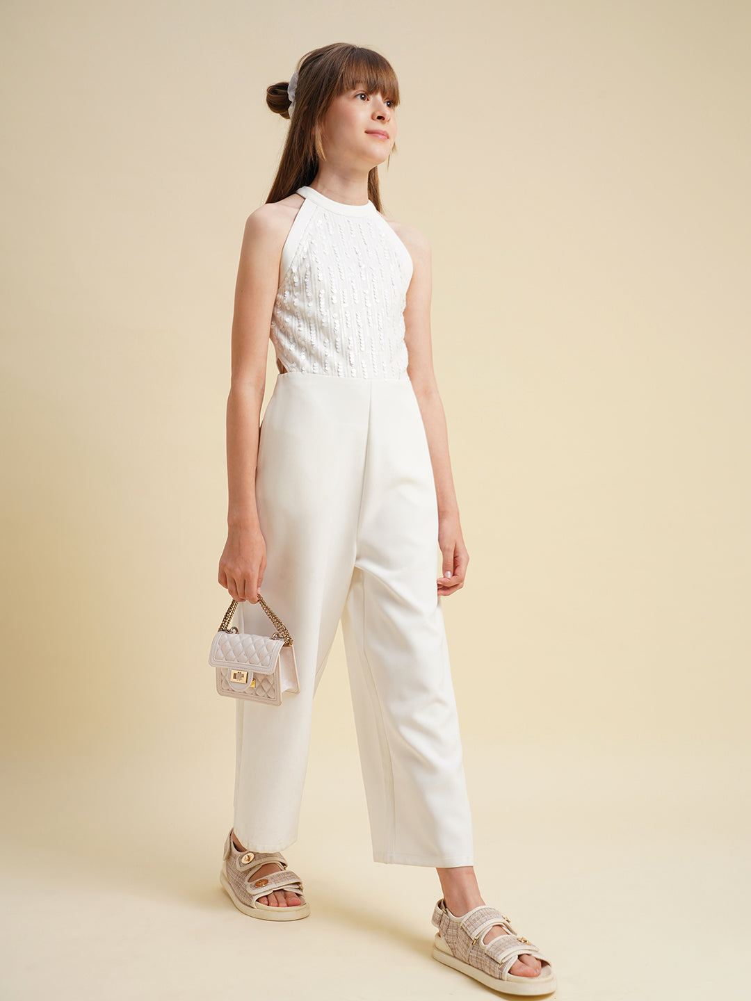 Girls White Embellished Jumpsuit