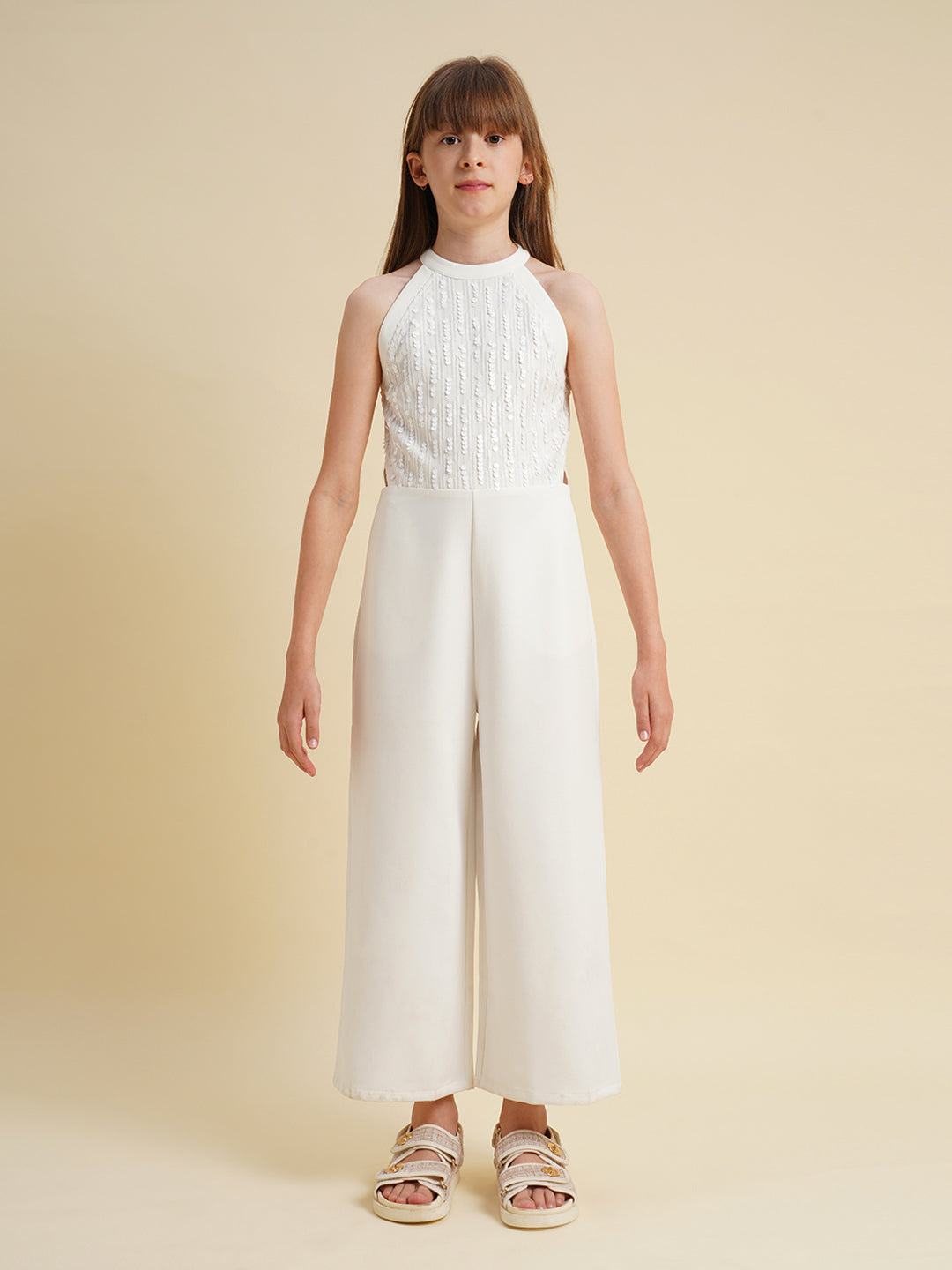 Girls White Embellished Jumpsuit