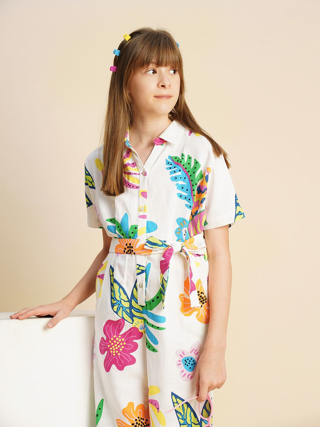 Girls White Printed Jumpsuit