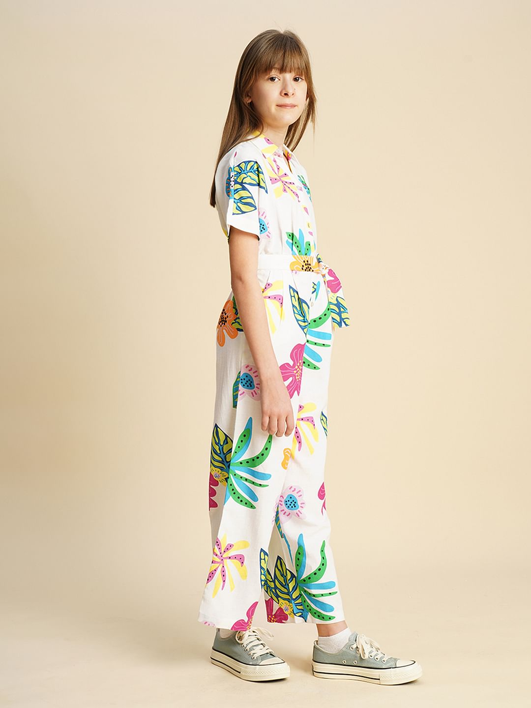 Girls White Printed Jumpsuit