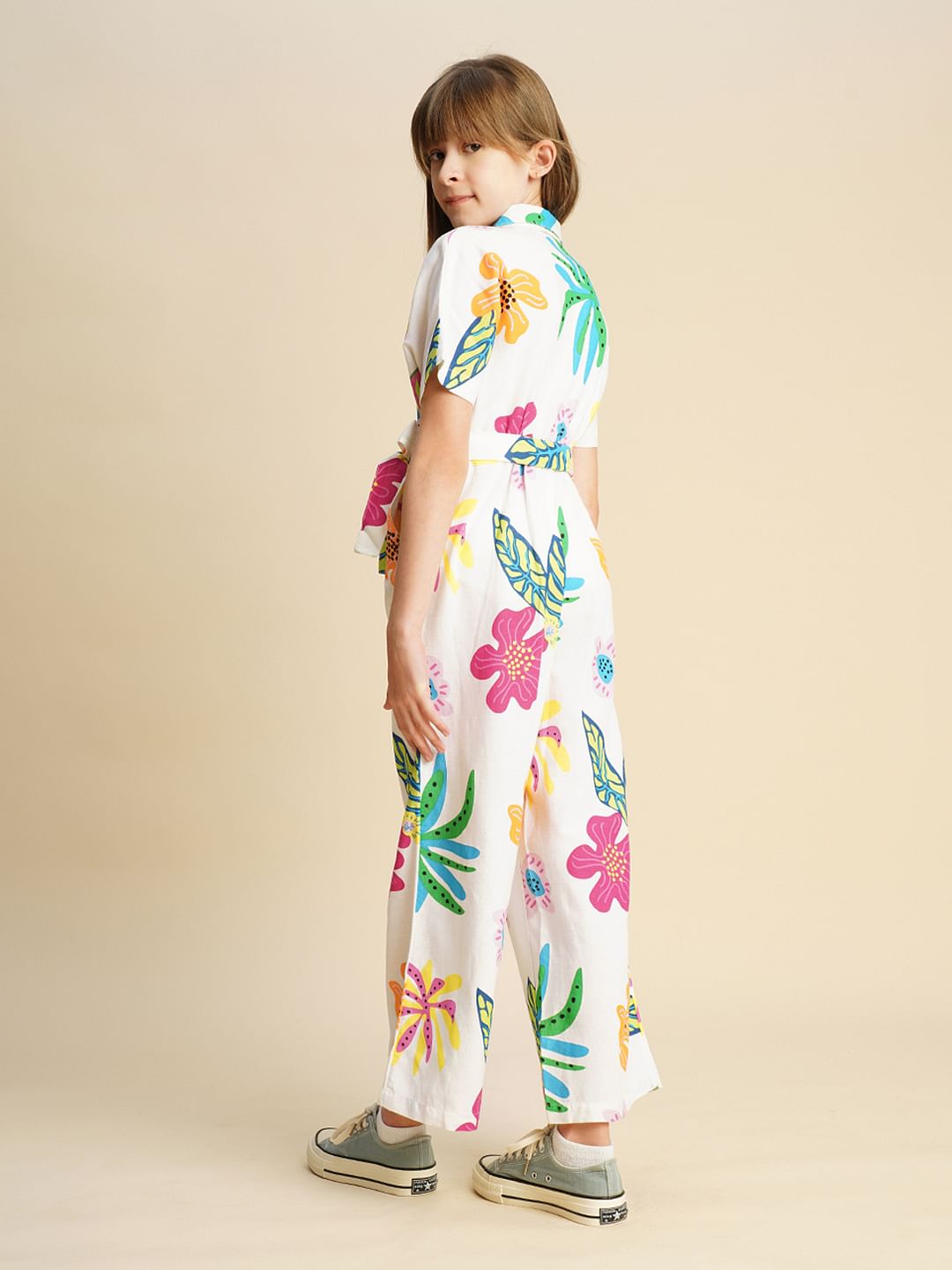 Girls White Printed Jumpsuit