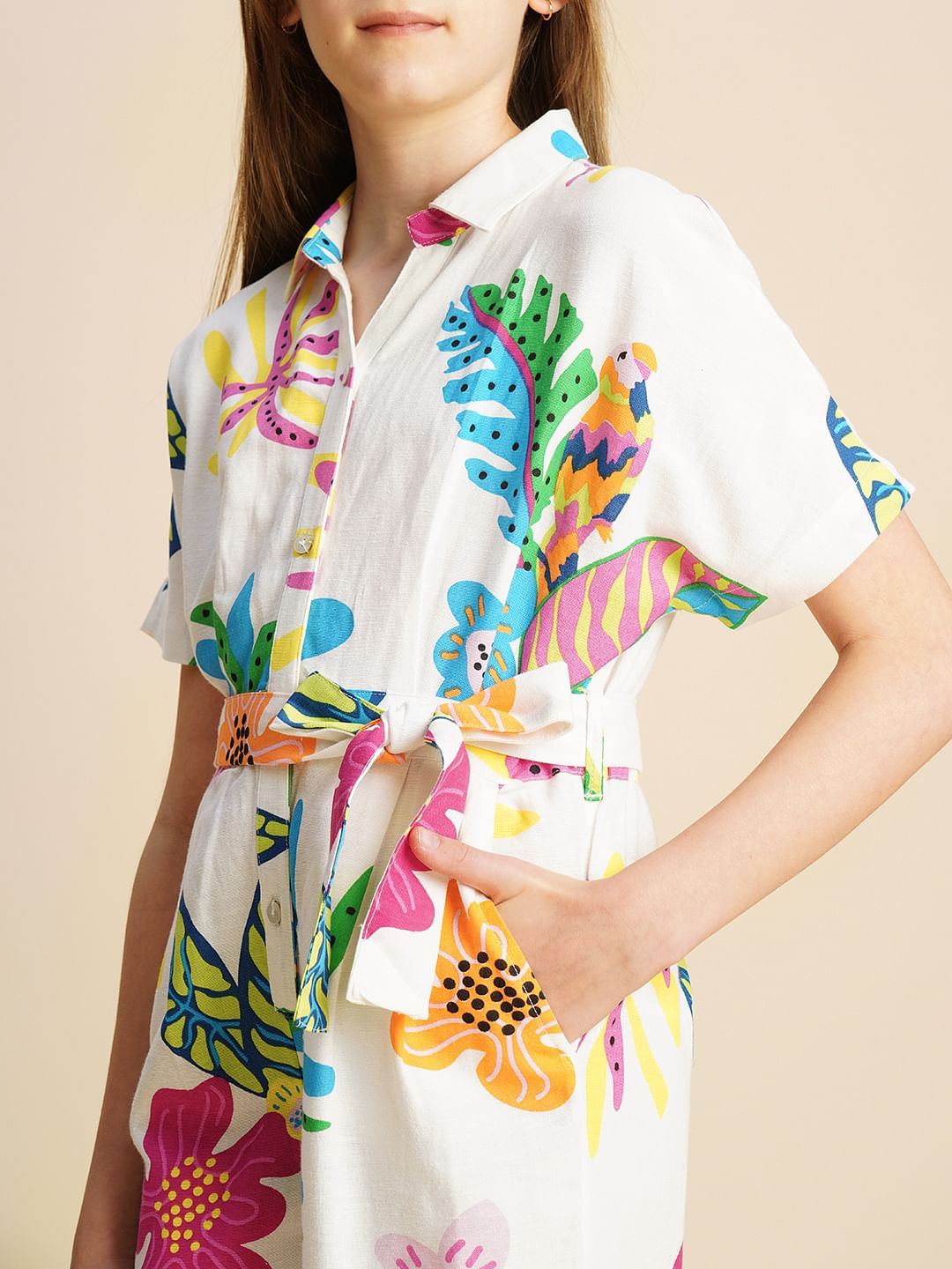 Girls White Printed Jumpsuit