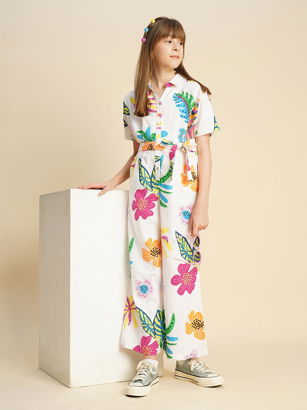 Girls White Printed Jumpsuit