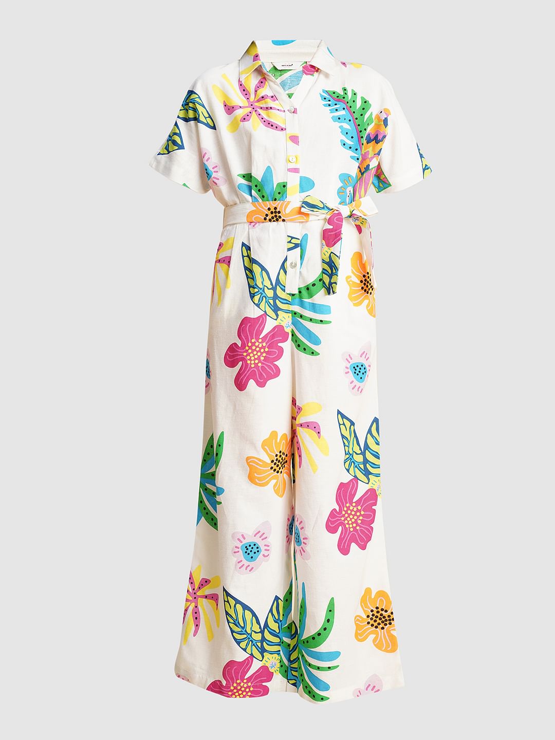 Girls White Printed Jumpsuit