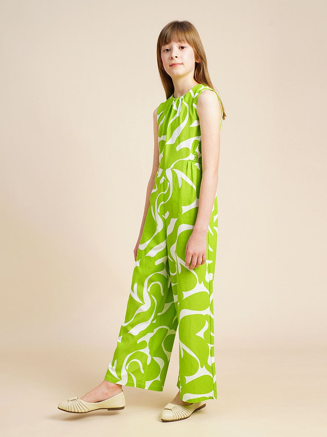 Girls Green Printed Jumpsuit