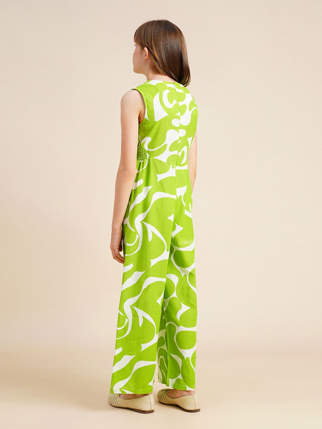 Girls Green Printed Jumpsuit