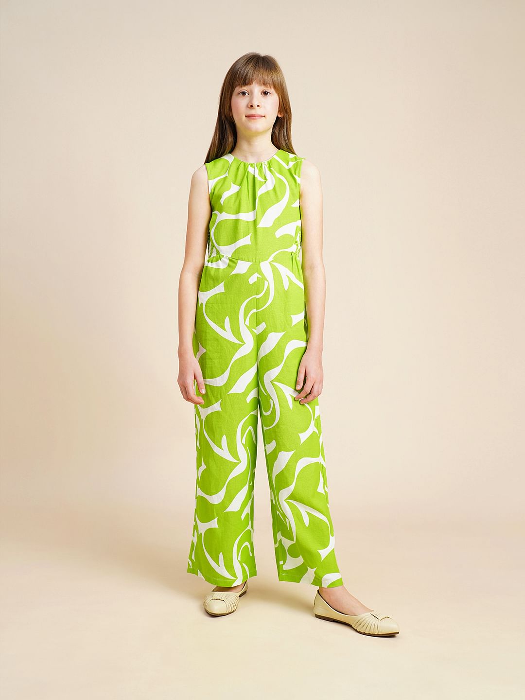 Girls Green Printed Jumpsuit
