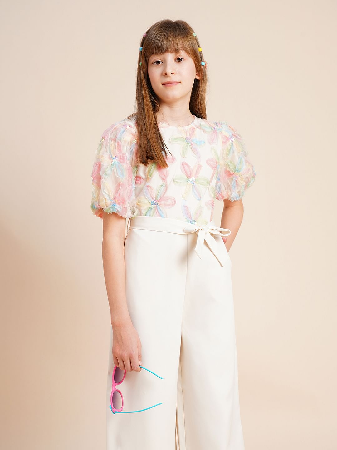 Girls Beige Floral Textured Jumpsuit