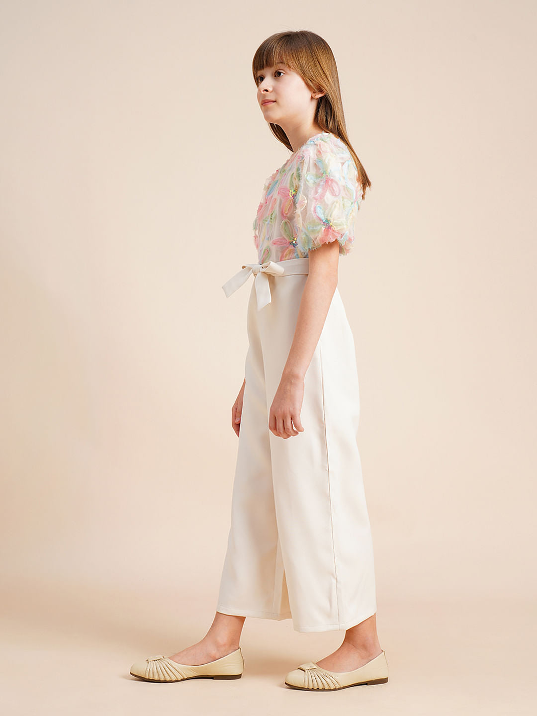 Girls Beige Floral Textured Jumpsuit