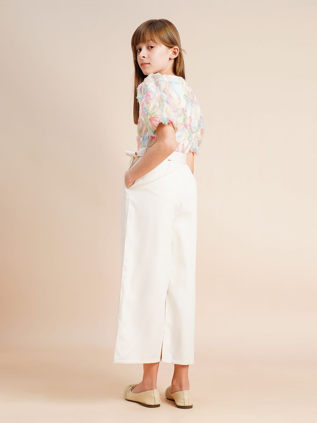 Girls Beige Floral Textured Jumpsuit