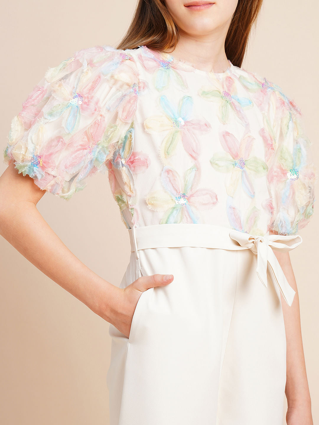 Girls Beige Floral Textured Jumpsuit