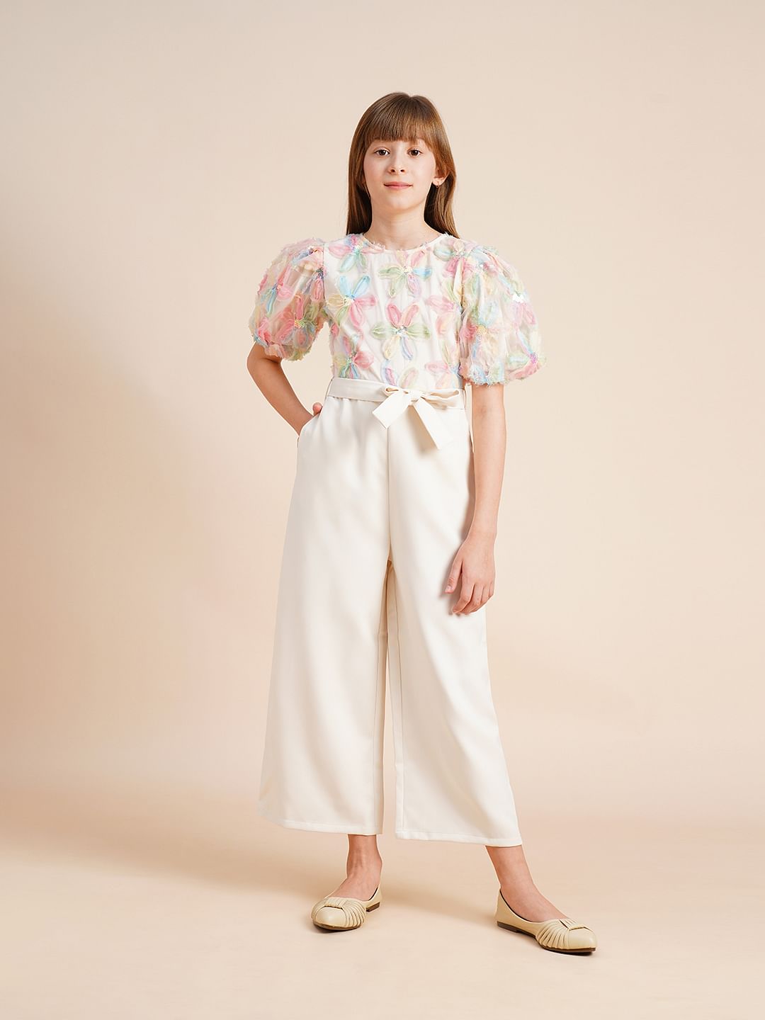 Girls Beige Floral Textured Jumpsuit