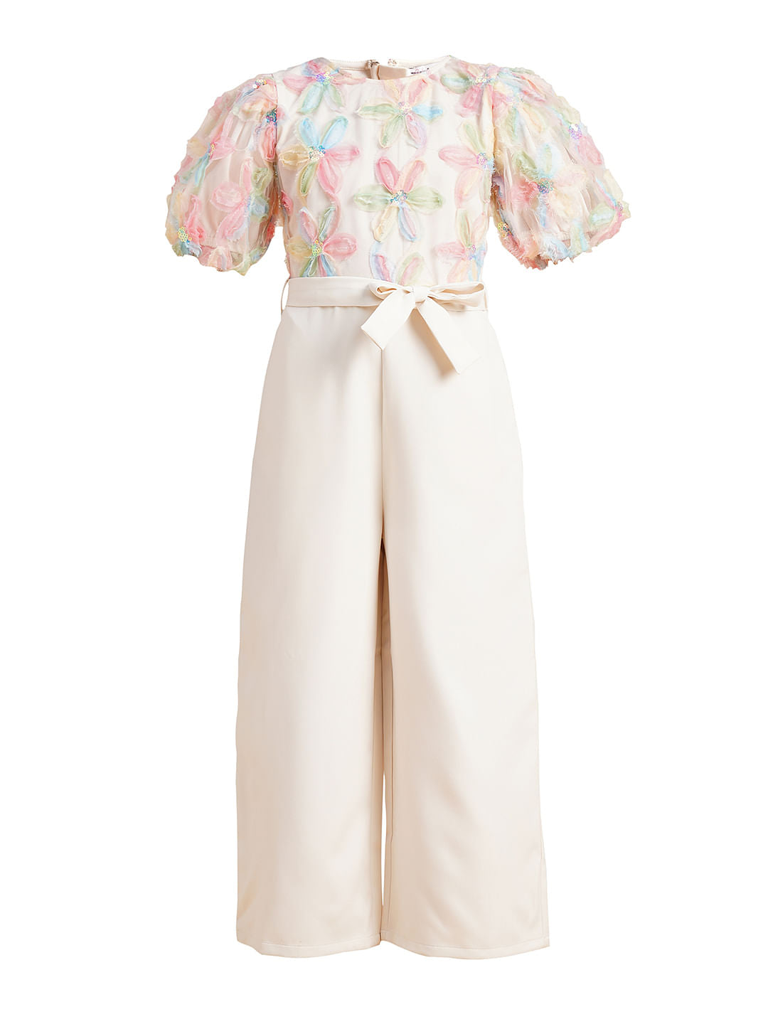 Girls Beige Floral Textured Jumpsuit