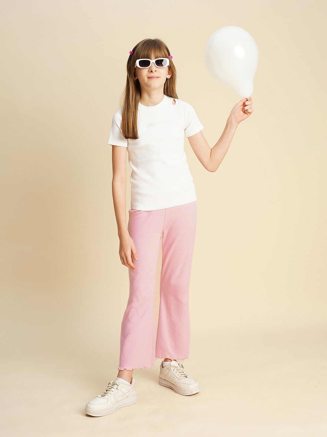 Girls Pink Ribbed Bootcut Leggings