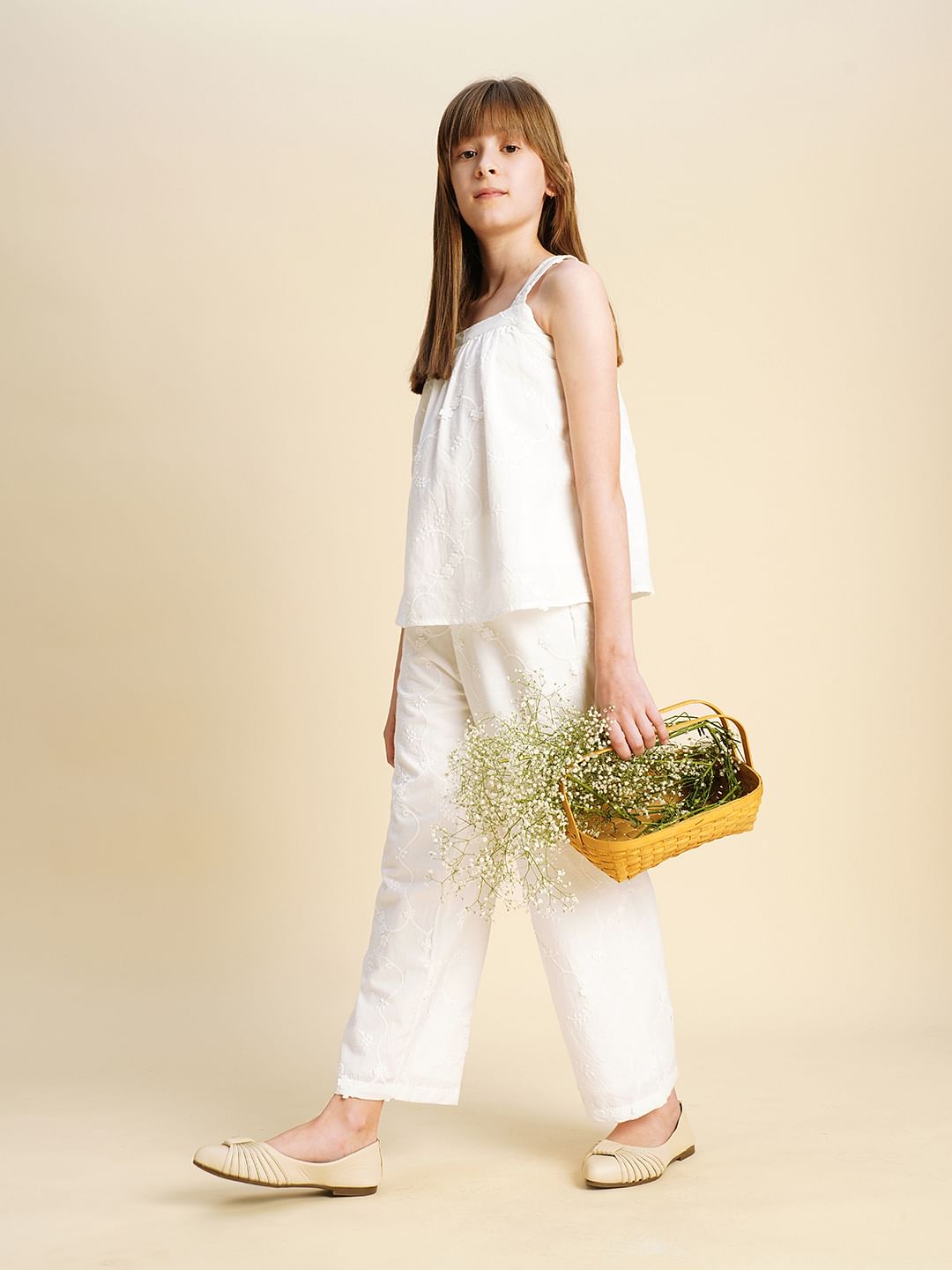 Girls White 3D Schiffli Co-Ord Set Pants