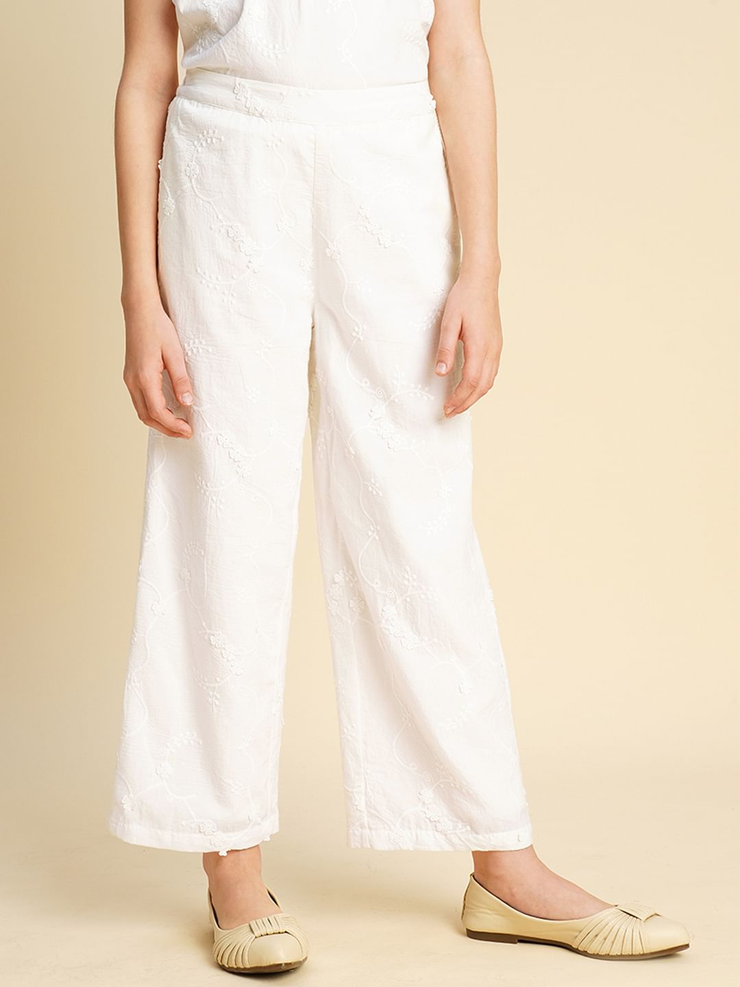 Girls White 3D Schiffli Co-Ord Set Pants