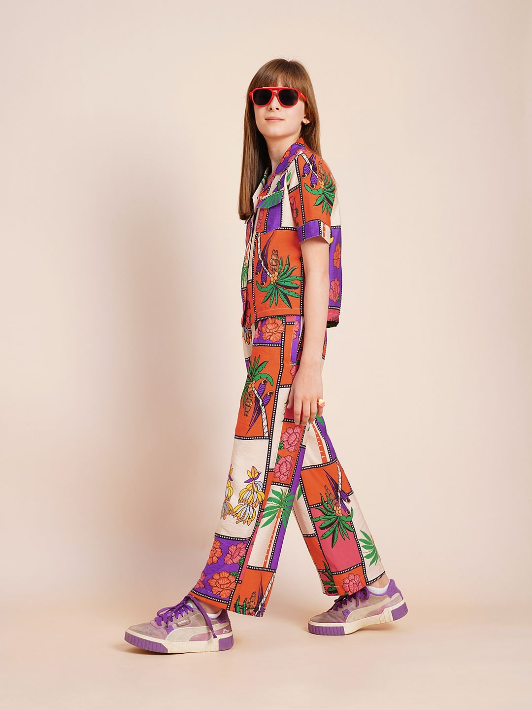 Girls Purple Printed Co-Ord Set Pants