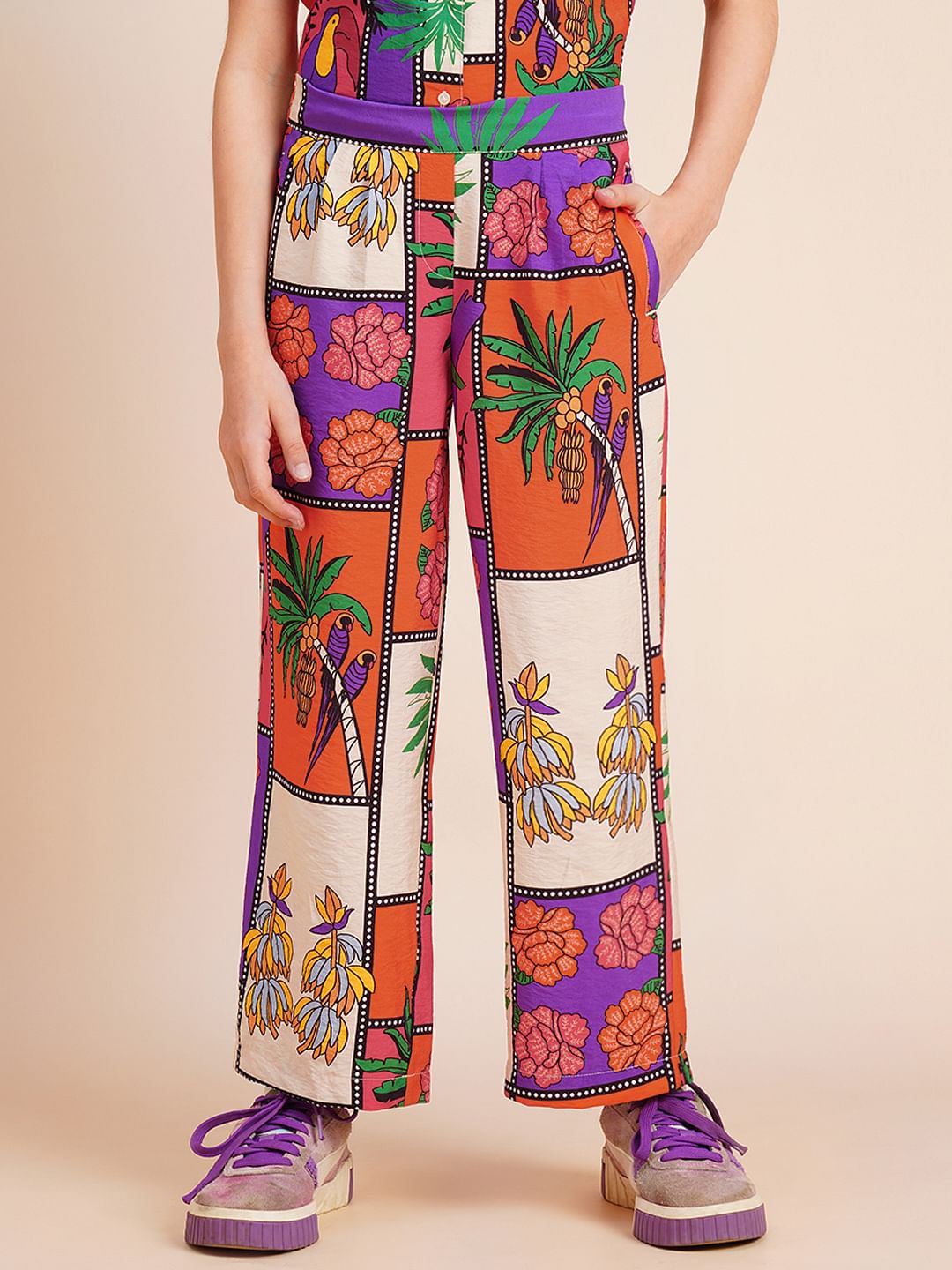 Girls Purple Printed Co-Ord Set Pants