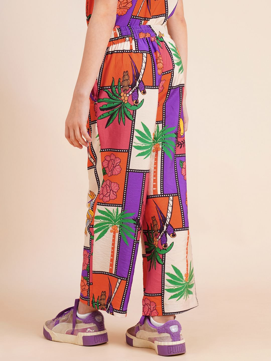 Girls Purple Printed Co-Ord Set Pants