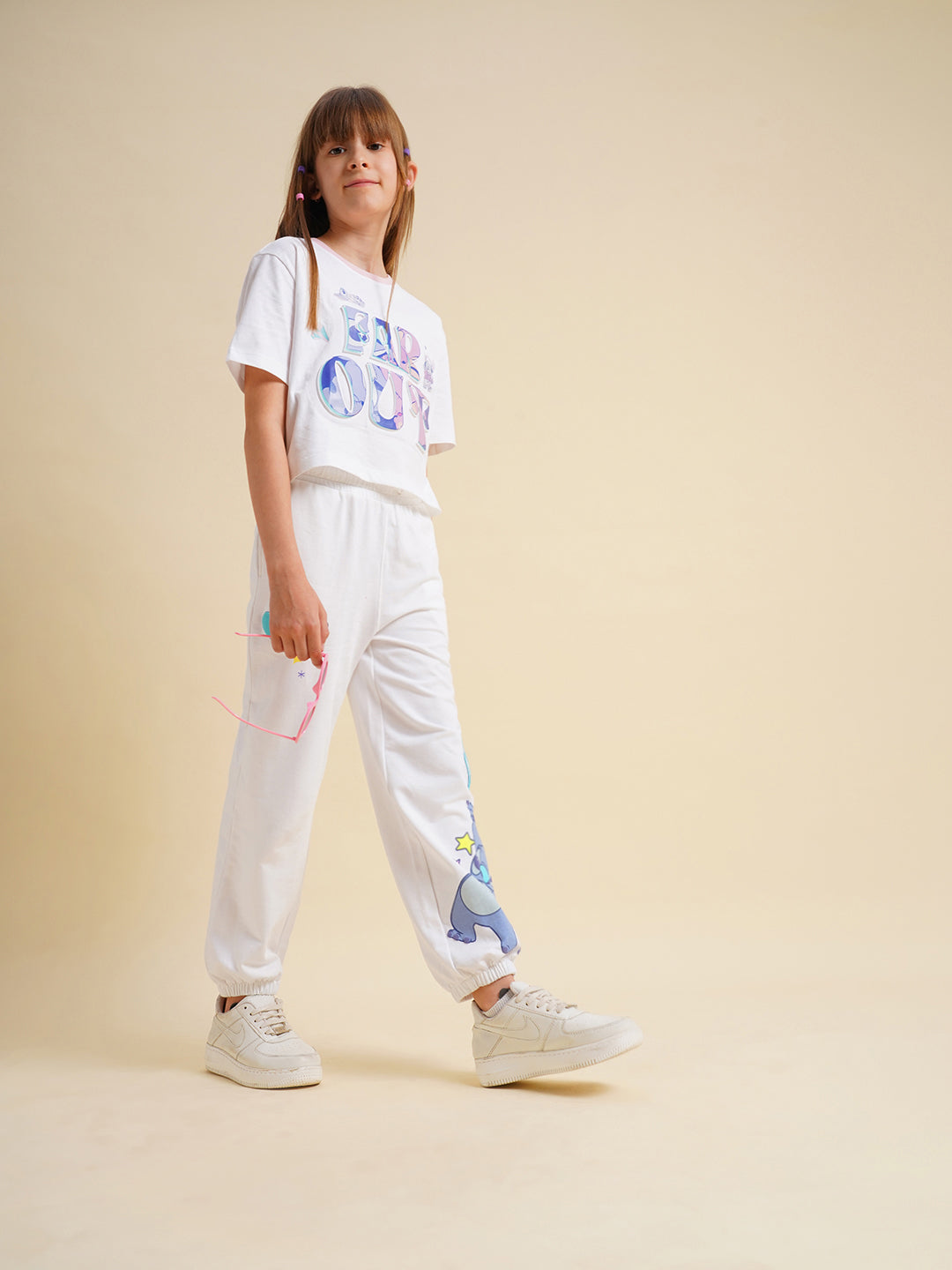 Girls White Stitch Graphic Print Joggers