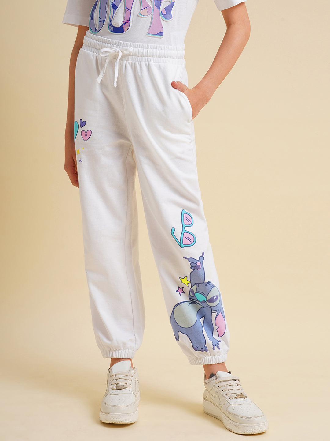 Girls White Stitch Graphic Print Joggers