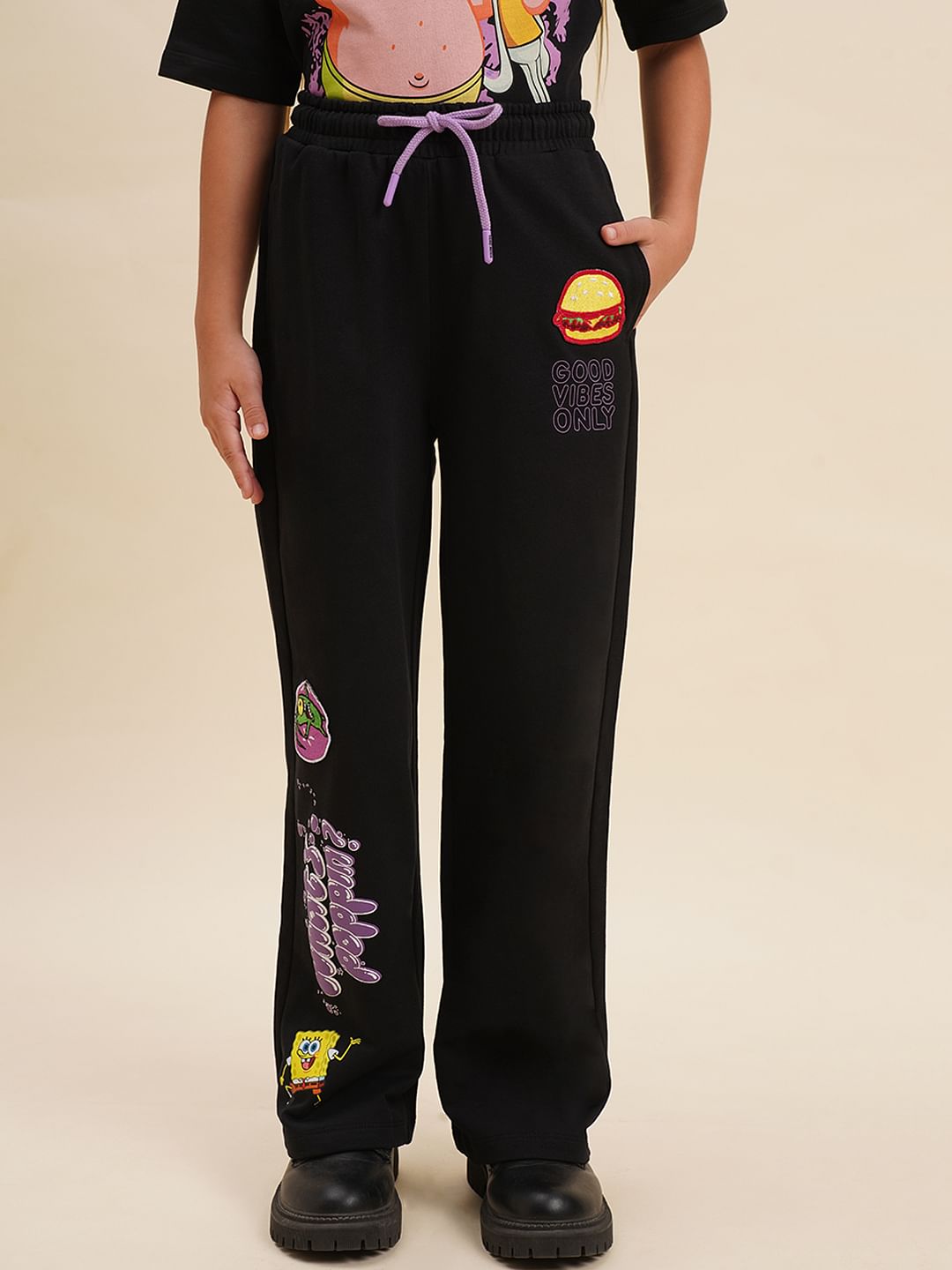 Girls Black Spongebob Cotton Sweatpants