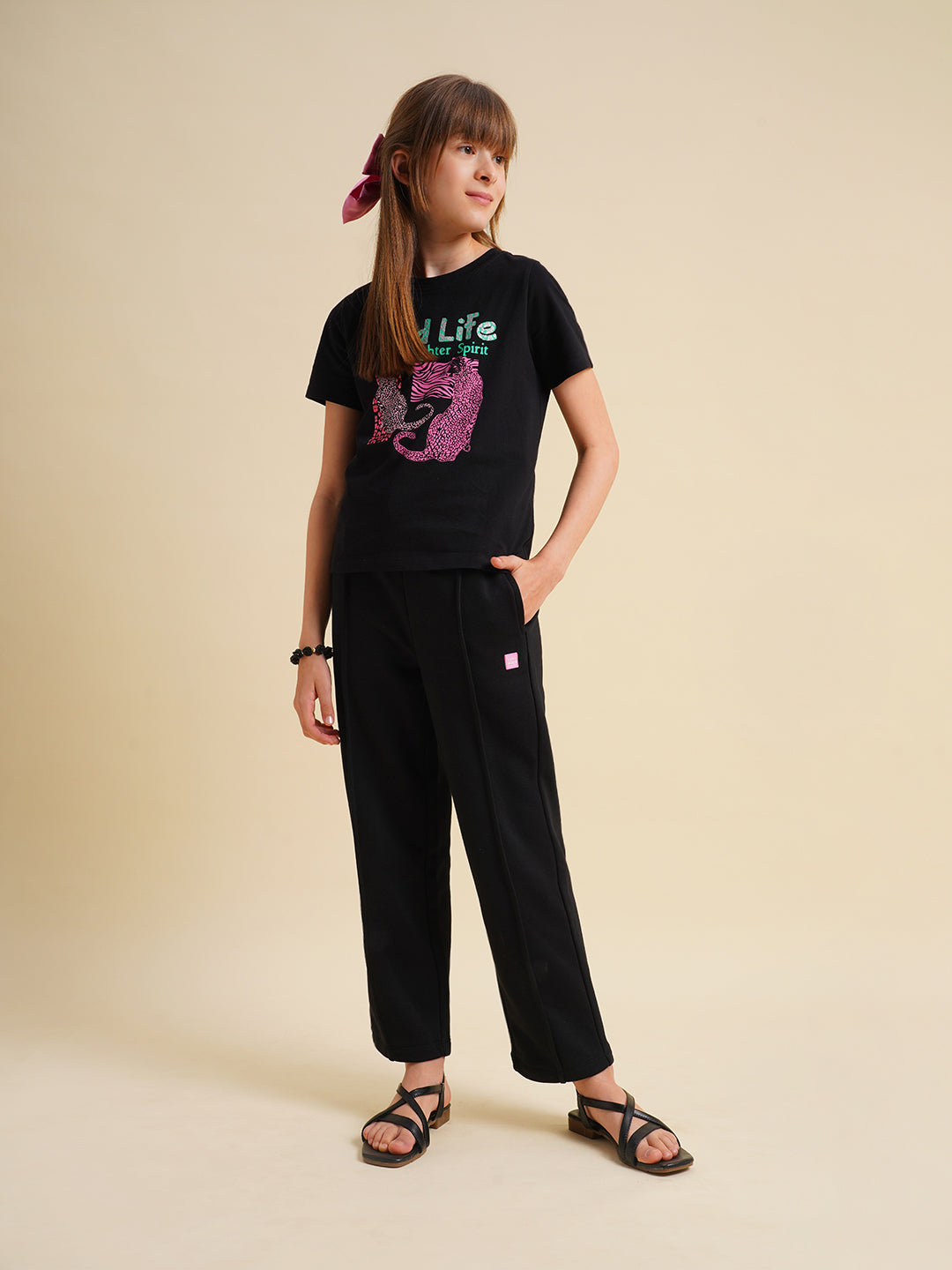 Girls Black Cotton Relaxed Fit Joggers