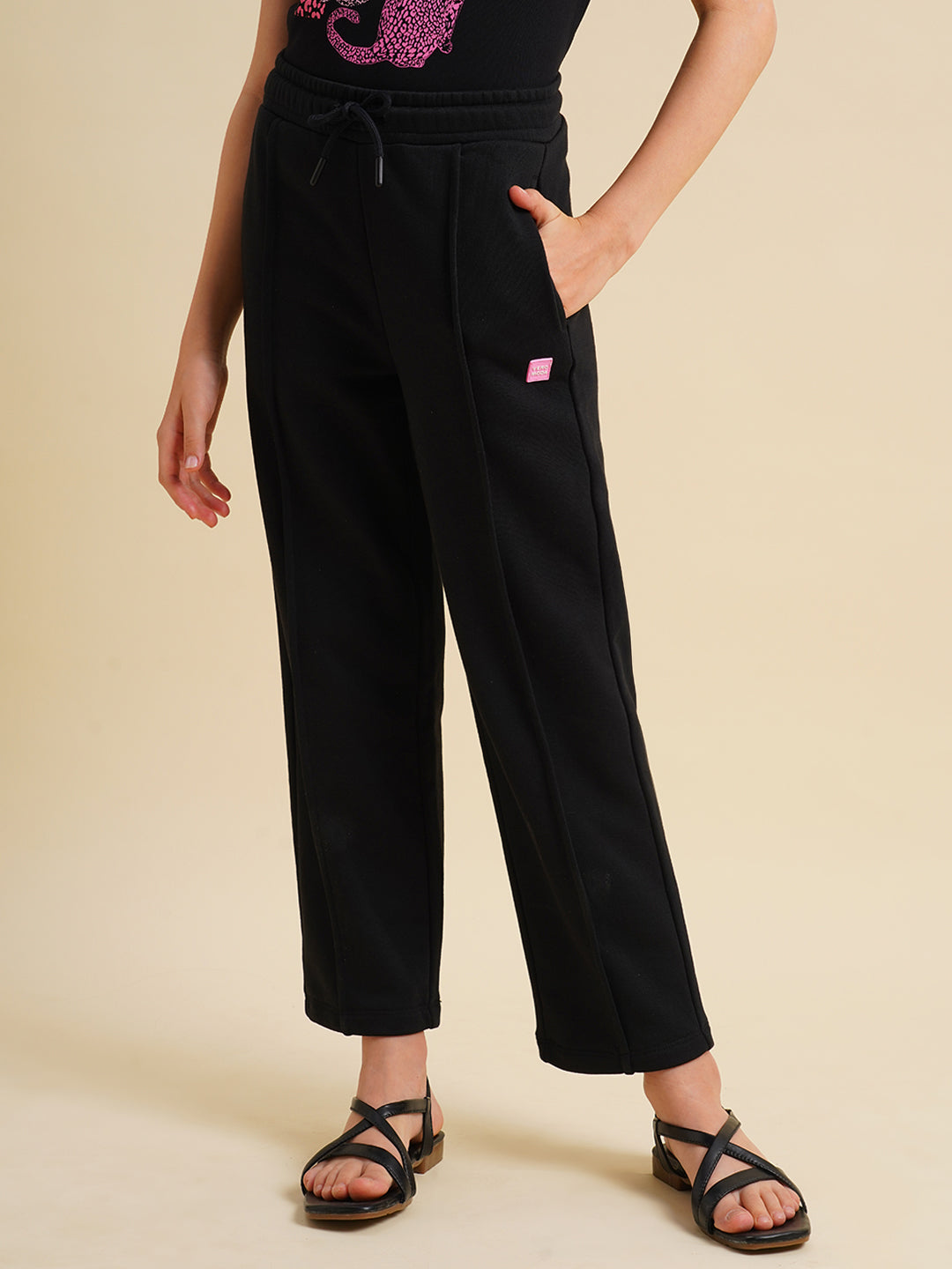 Girls Black Cotton Relaxed Fit Joggers