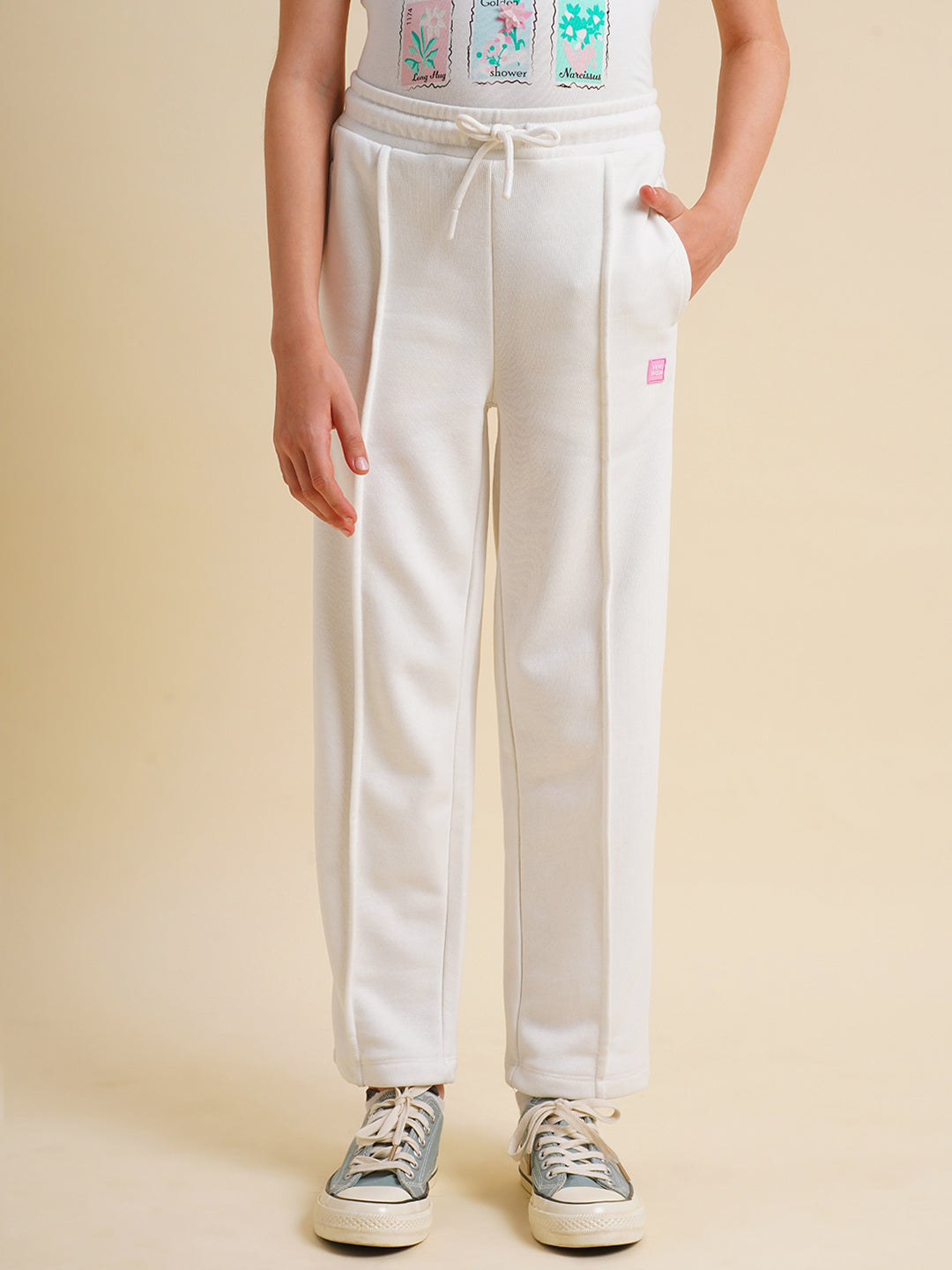 Girls White Cotton Relaxed Fit Joggers