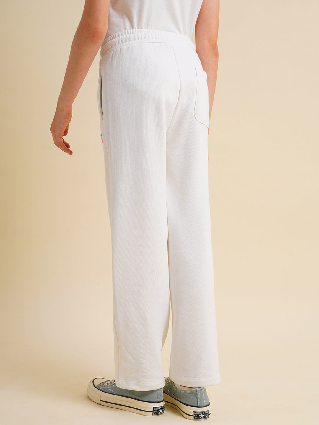 Girls White Cotton Relaxed Fit Joggers
