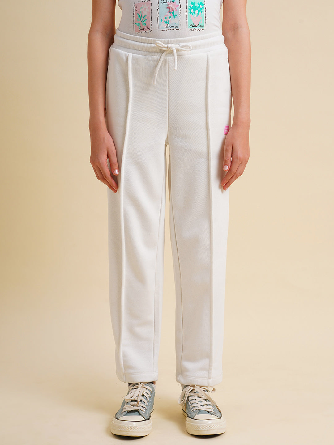 Girls White Cotton Relaxed Fit Joggers