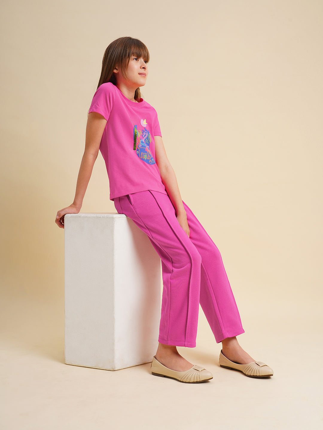 Girls Pink Cotton Relaxed Fit Joggers