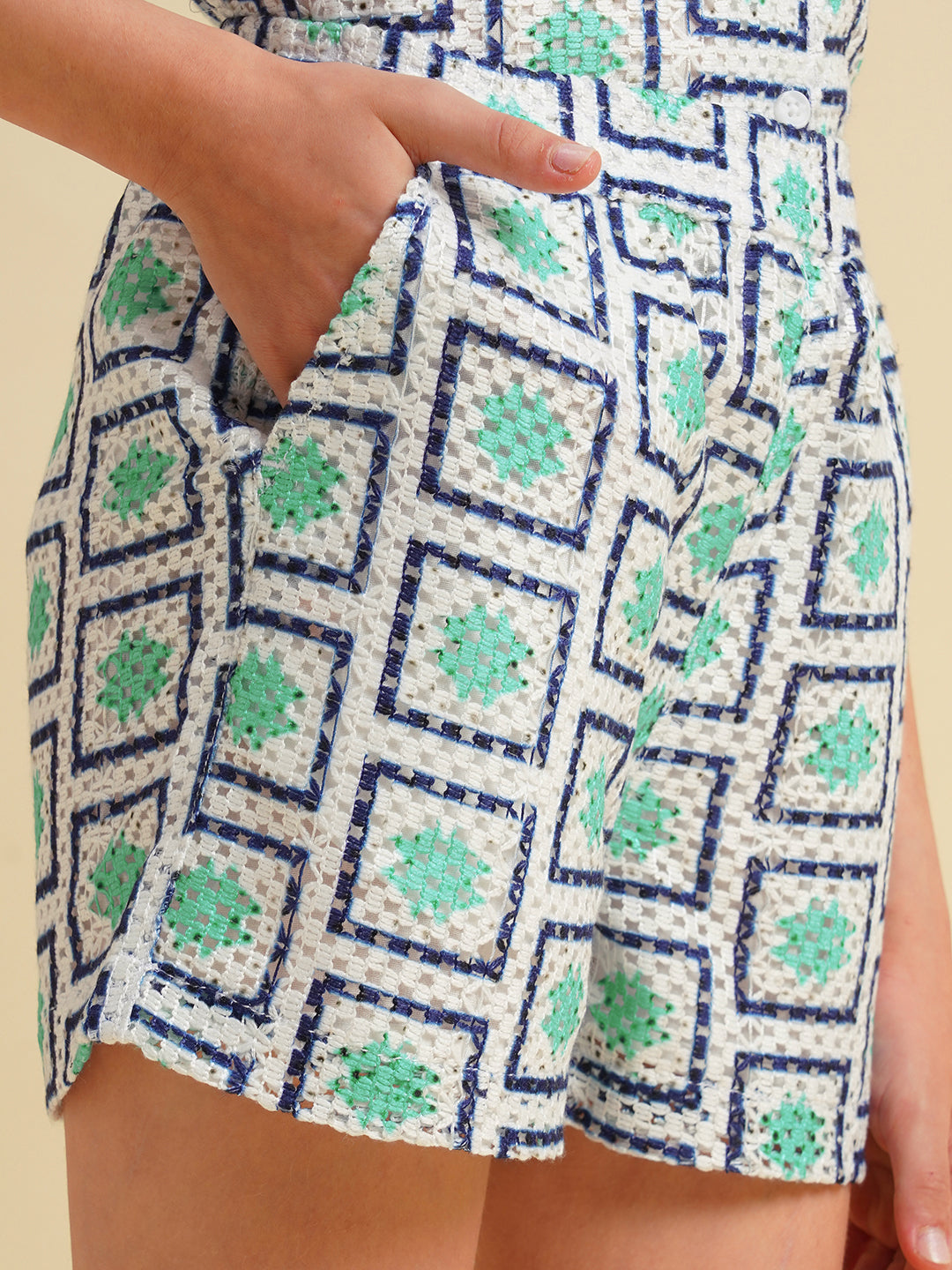 Girls White Printed Crochet Shorts