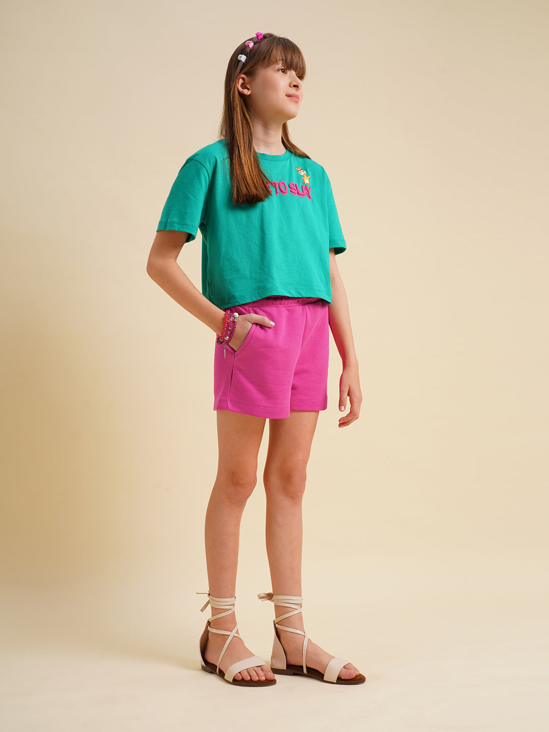 Girls Hot Pink Cotton Shorts - Main Image