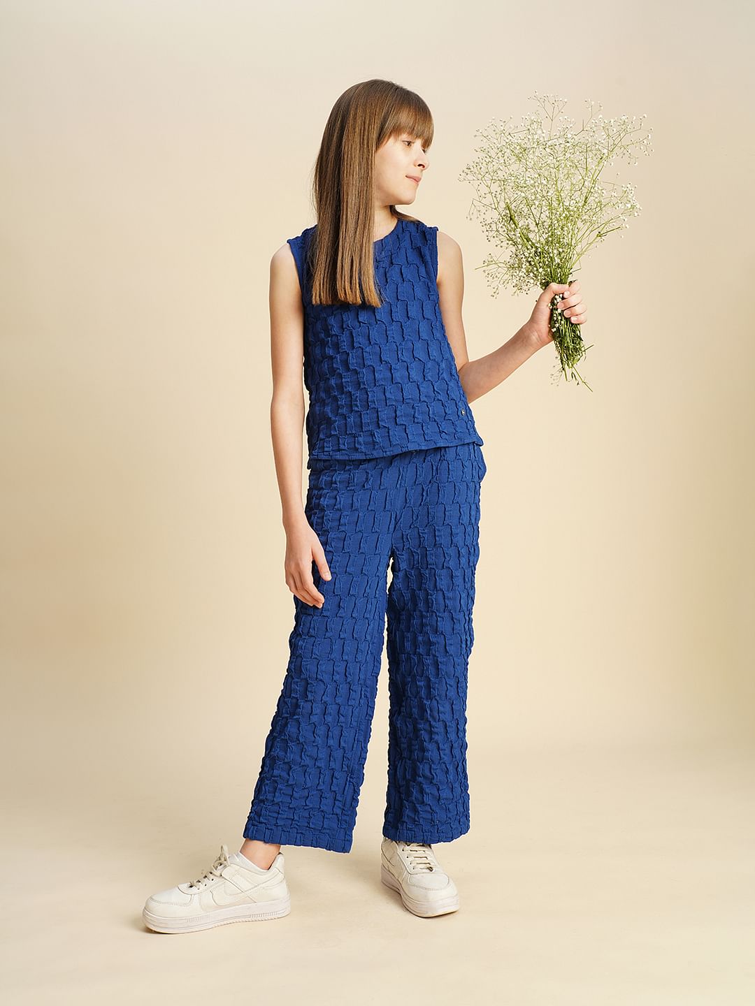Girls Blue Textured Co-Ord Set Pants