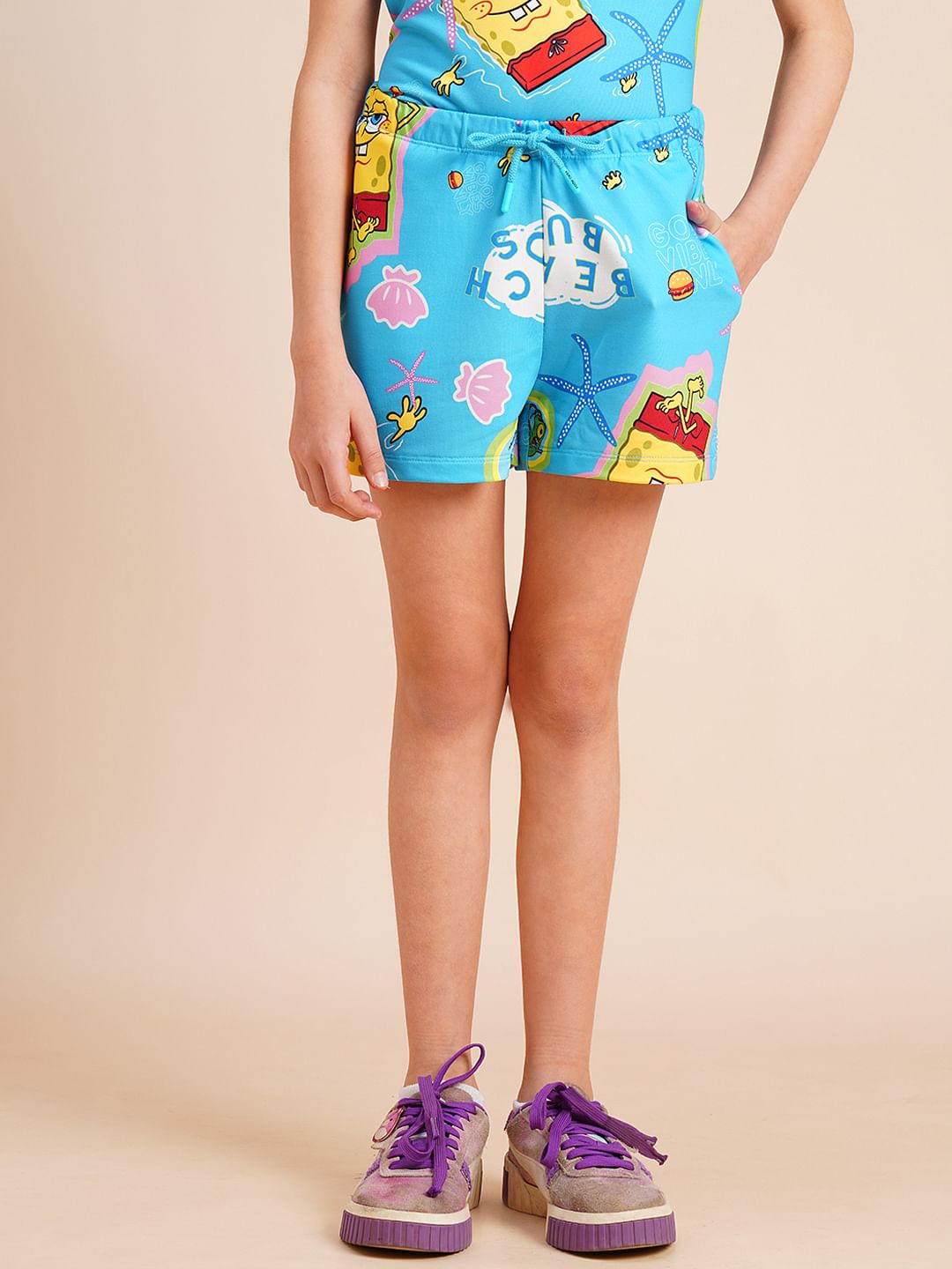 Girls Blue Spongebob Print Shorts