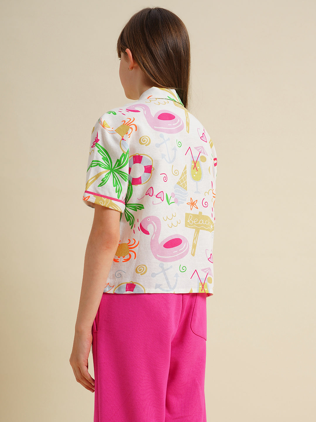 Girls White Printed Cotton Shirt