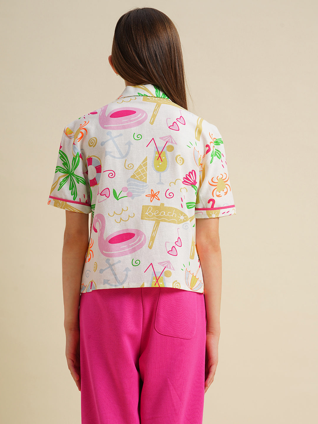 Girls White Printed Cotton Shirt