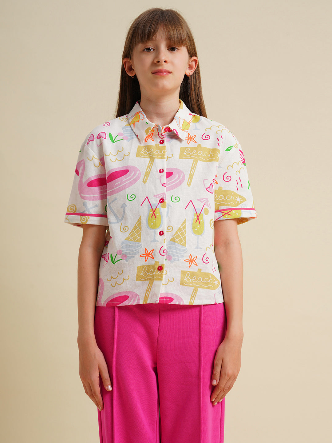 Girls White Printed Cotton Shirt