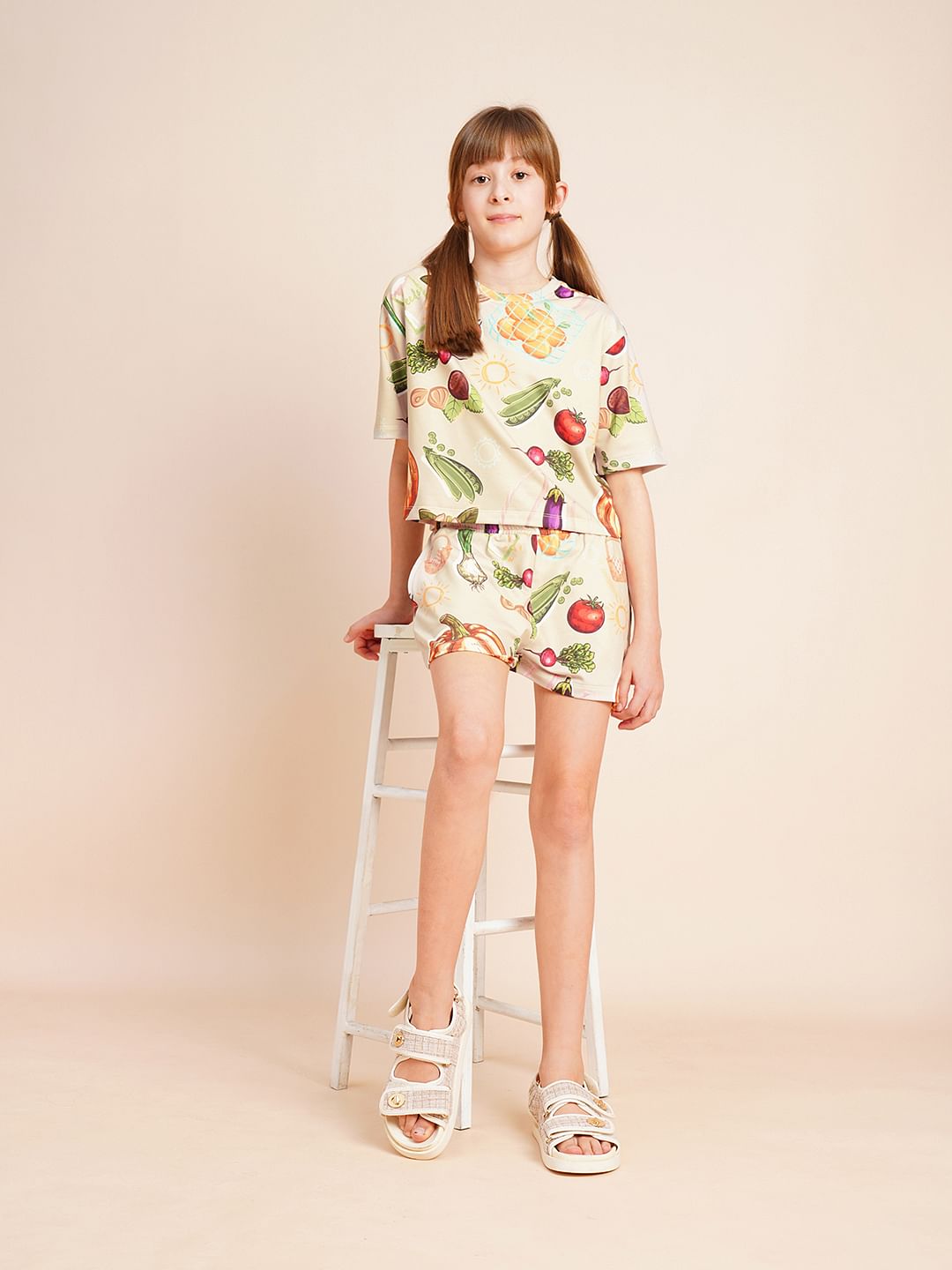 Girls Beige Veggies Print Co-Ord Set Shorts