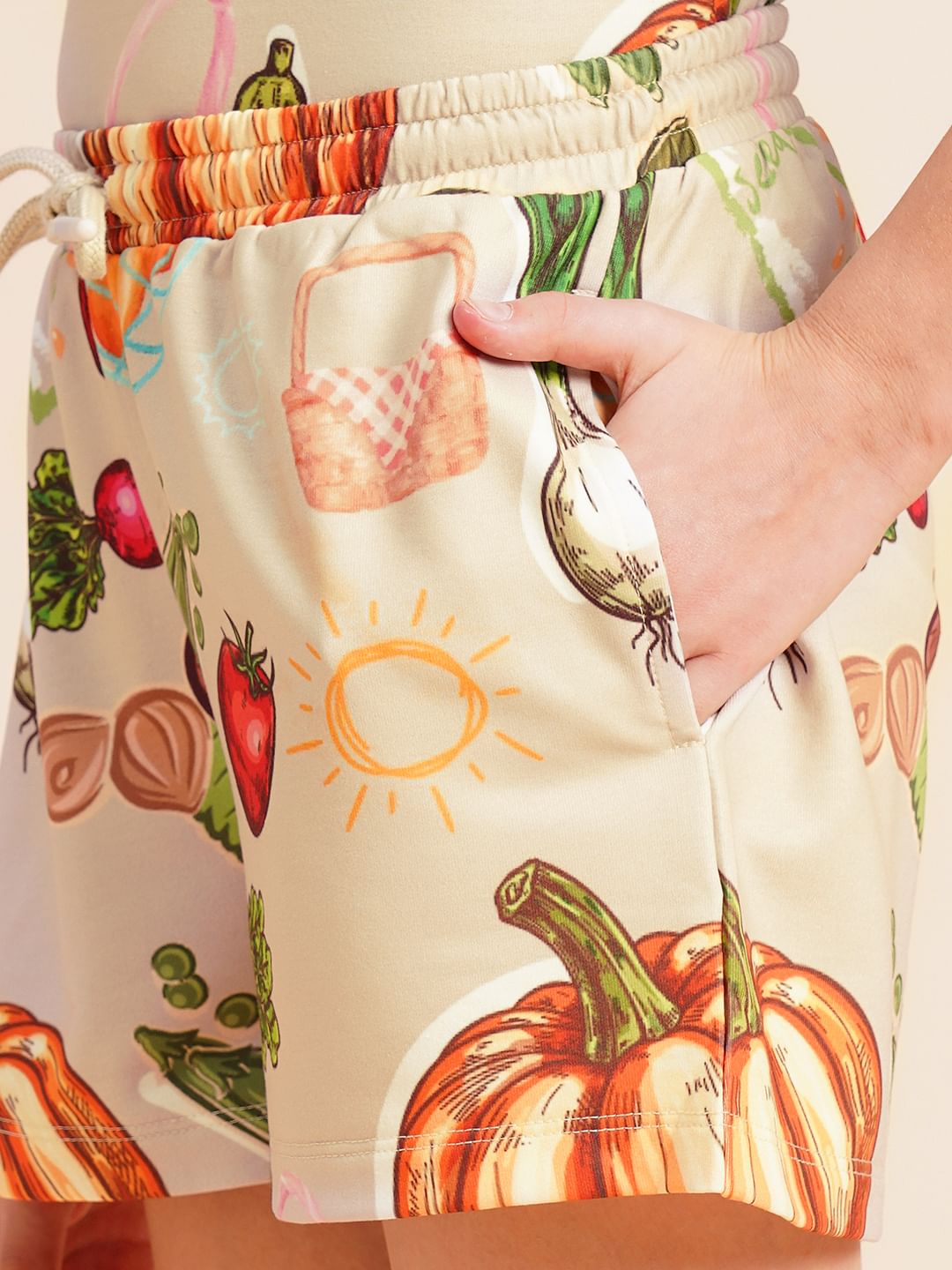 Girls Beige Veggies Print Co-Ord Set Shorts