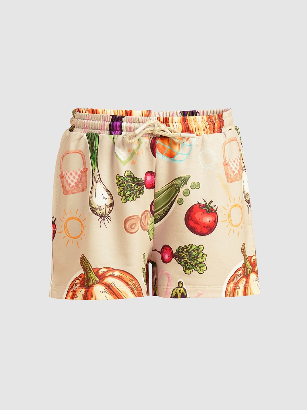 Girls Beige Veggies Print Co-Ord Set Shorts