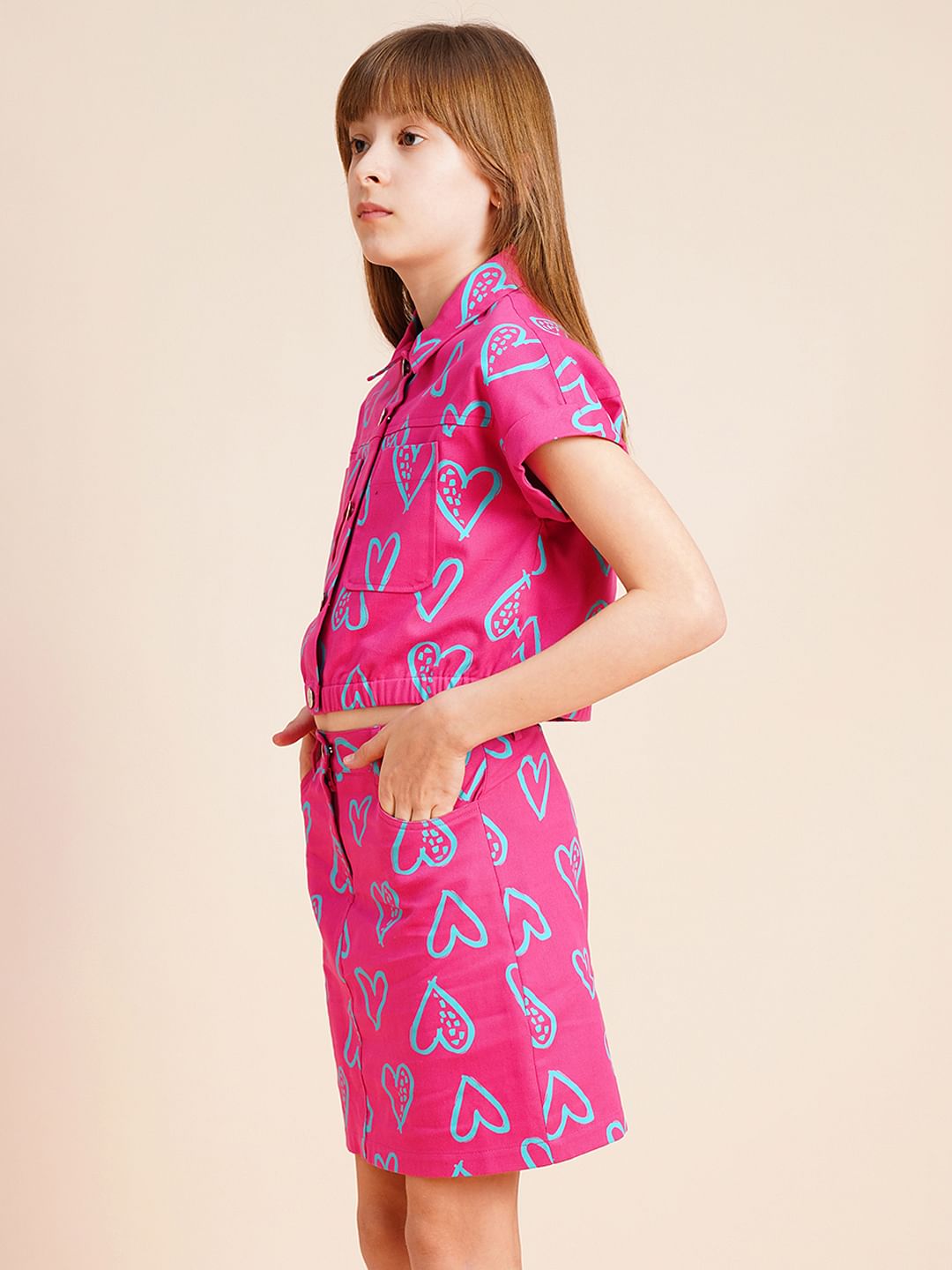 Girls Pink Heart Print Co-Ord Set Shirt