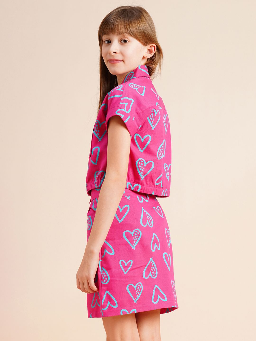 Girls Pink Heart Print Co-Ord Set Shirt