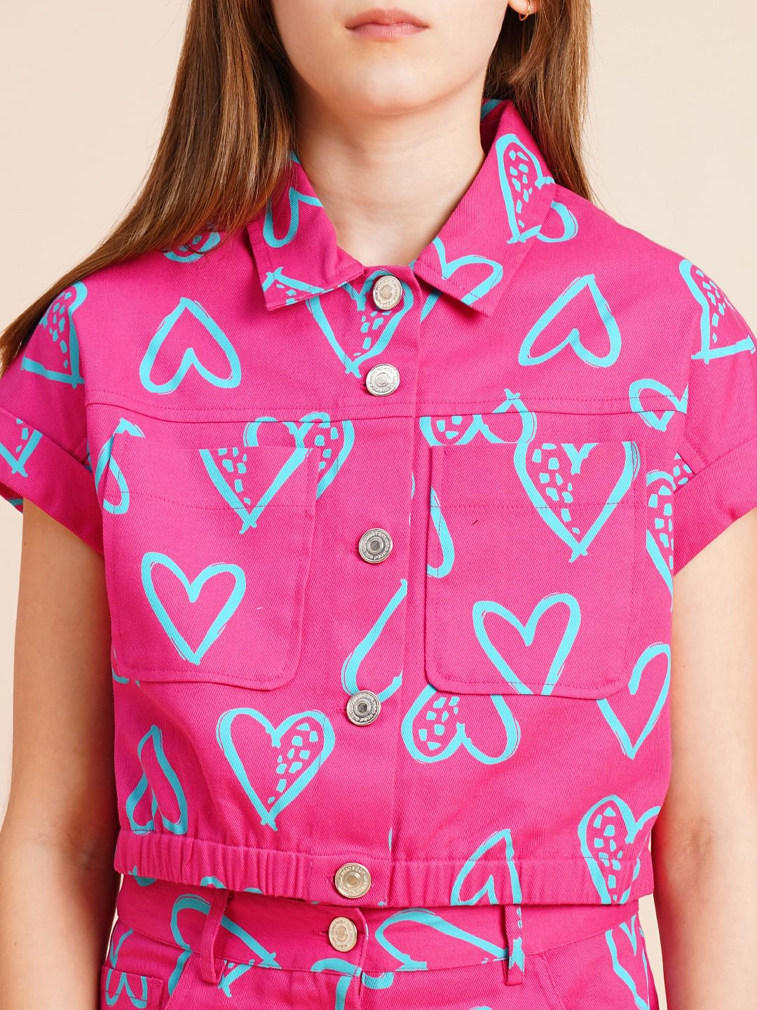 Girls Pink Heart Print Co-Ord Set Shirt